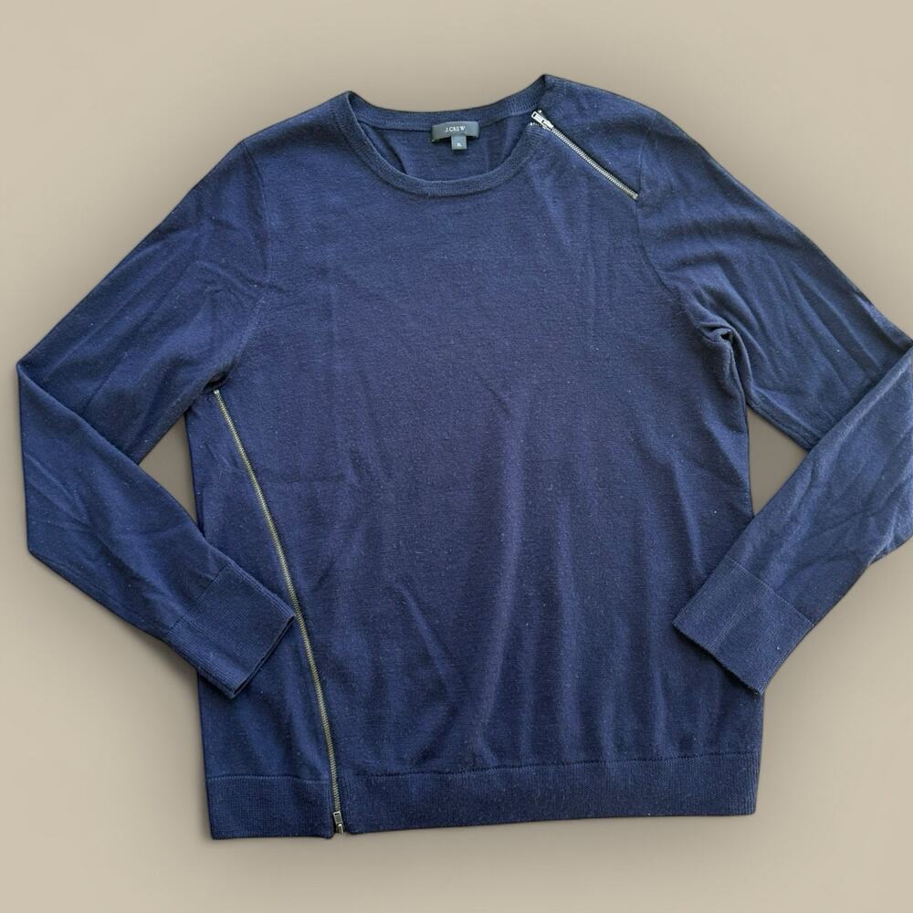 J.CREW NAVY BLUE ASYMMETRICAL ZIPPER CREWNECK 100% MERINO WOOL SWEATER Womens XL